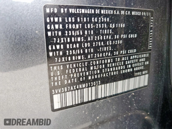 2022 Volkswagen Tiguan SE с VIN 3VV3B7AX4NM013013, выставлен на аукционе Copart как лот 58175315 с пробегом Не указан миль и Списание • Salvage title. История ставок и продаж доступна на DreamBid. Изображение 12.