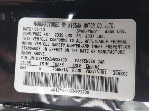 2013 Infiniti G37 IPL with VIN JN1CV6EKXDM923700, listed as a IAAI auction lot 42049316 with 157,696 mi miles and . Bid and sale history available at DreamBid. Image 9.