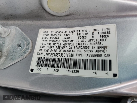 2003 Honda Civic LX with VIN 1HGES16573L014846, listed as a Copart auction lot 49913235 with 200,178 mi miles and Salvage Title. Bid and sale history available at DreamBid. Image 14.