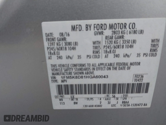 2017 Ford Explorer XLT with VIN 1FM5K8D81HGA60043, listed as a IAAI auction lot 41801281 with 88,568 mi miles and . Bid and sale history available at carsss.com. Image 9.