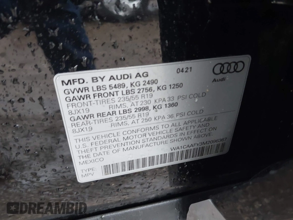 2021 Audi Q5 Prestige z VIN WA1CAAFY3M2096367, wystawiony jako IAAI lot #41724952 z przebiegiem 39 097 mil mil oraz . Historia ofert i sprzedaży dostępna na DreamBid. Obrazek 9.