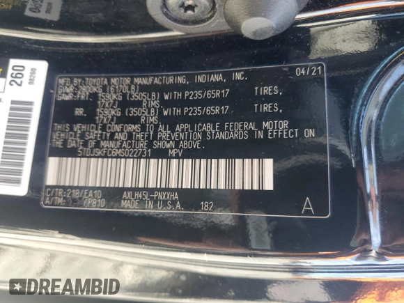 2021 Toyota Sienna XLE with VIN 5TDJSKFC6MS022731, listed as a Copart auction lot 49580525 with 204,889 mi miles and Salvage Title. Bid and sale history available at carsss.com. Image 13.