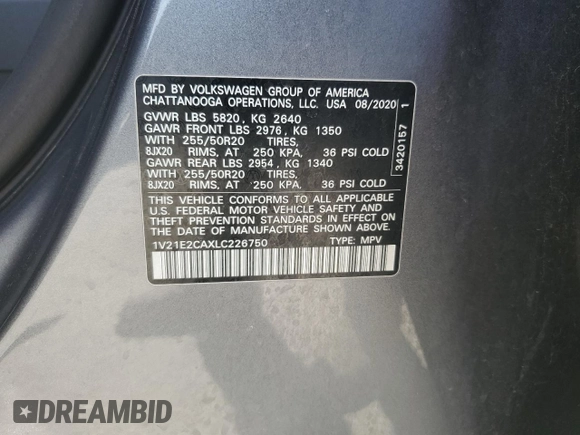 2020 Volkswagen Atlas SE z VIN 1V21E2CAXLC226750, wystawiony jako Copart lot #49096425 z przebiegiem 72 260 mil mil oraz Szkoda całkowita • Salvage title. Historia ofert i sprzedaży dostępna na DreamBid. Obrazek 12.