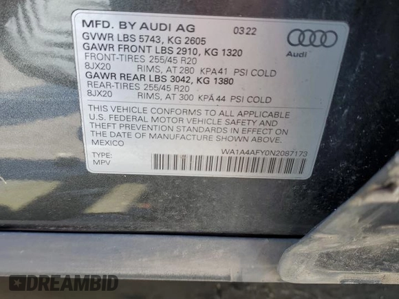 2022 Audi SQ5 Premium with VIN WA1A4AFY0N2087173, listed as a Copart auction lot 50318184 with 54,453 mi miles and . Bid and sale history available at DreamBid. Image 12.