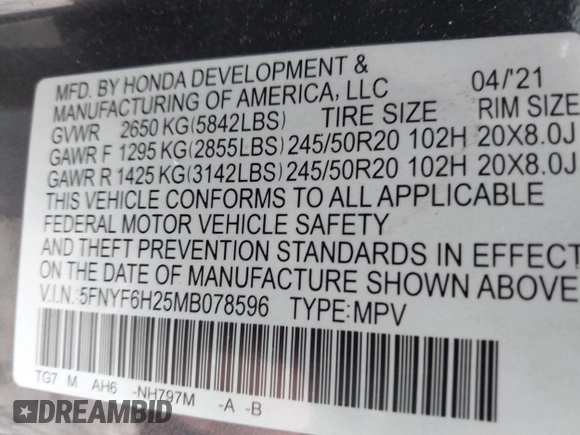 2021 Honda Pilot Special Edition with VIN 5FNYF6H25MB078596, listed as a IAAI auction lot 42033012 with 70,467 mi miles and . Bid and sale history available at DreamBid. Image 9.