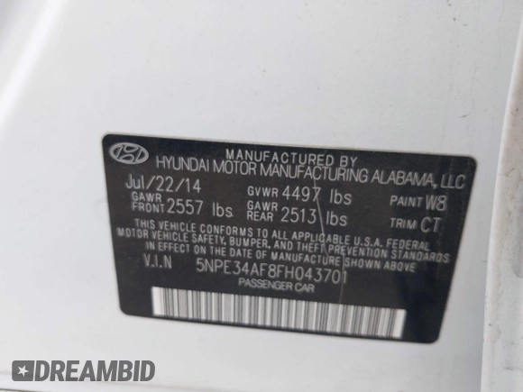 2015 Hyundai Sonata Limited with VIN 5NPE34AF8FH043701, listed as a IAAI auction lot 42031281 with 175,210 mi miles and . Bid and sale history available at carsss.com. Image 9.