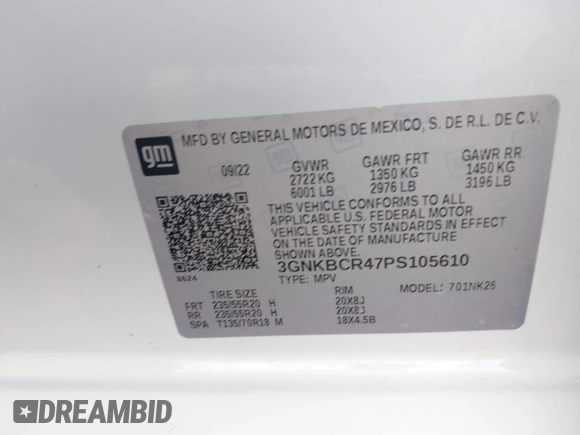 2023 Chevrolet Blazer LT with VIN 3GNKBCR47PS105610, listed as a IAAI auction lot 42074779 with 36,286 mi miles and . Bid and sale history available at DreamBid. Image 9.