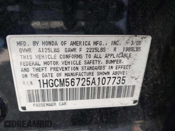2005 Honda Accord EX with VIN 1HGCM56725A107735, listed as a IAAI auction lot 41838682 with 165,454 mi miles and . Bid and sale history available at DreamBid. Image 9.
