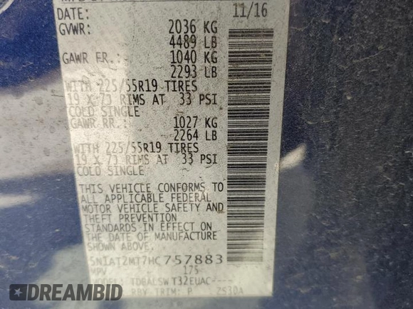 2017 Nissan Rogue SL z VIN 5N1AT2MT7HC757883, wystawiony jako Copart lot #53951325 z przebiegiem 103 174 mil mil oraz Szkoda całkowita • Salvage title. Historia ofert i sprzedaży dostępna na DreamBid. Obrazek 13.