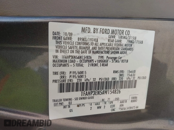 2010 Ford Focus S z VIN 1FAHP3EN5AW154826, wystawiony jako IAAI lot #42298155 z przebiegiem 170 690 mil mil oraz . Historia ofert i sprzedaży dostępna na DreamBid. Obrazek 9.