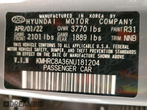 2022 Hyundai Venue SEL with VIN KMHRC8A36NU181204, listed as a Copart auction lot 58923985 with 40,300 mi miles and Salvage title. Bid and sale history available at DreamBid. Image 12.