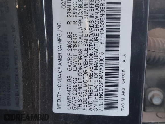 2021 Honda Accord Touring z VIN 1HGCV2F98MA013015, wystawiony jako Copart lot #88510475 z przebiegiem Nie podano mil oraz Szkoda całkowita • Salvage title. Historia ofert i sprzedaży dostępna na DreamBid. Obrazek 12.