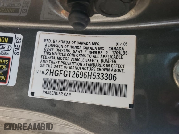 2006 Honda Civic Cpe LX with VIN 2HGFG12696H533306, listed as a Copart auction lot 68931064 with 161,681 mi miles and Salvage Title. Bid and sale history available at carsss.com. Image 15.