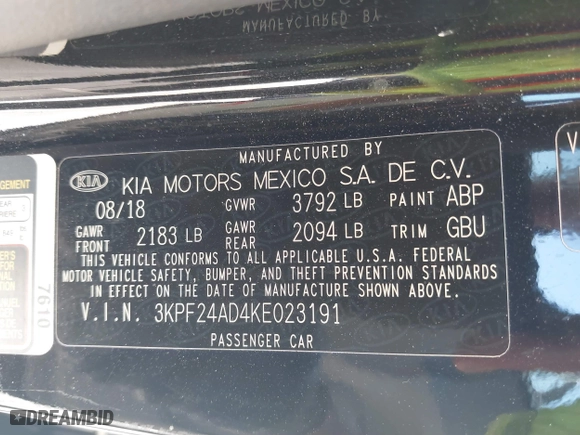 2019 Kia Forte LXS with VIN 3KPF24AD4KE023191, listed as a IAAI auction lot 41776162 with 57,316 mi miles. Bid and sale history available at carsss.com. Image 9.