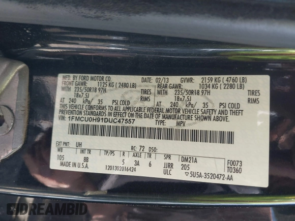 2013 Ford Escape SEL с VIN 1FMCU0H91DUC47557, выставлен на аукционе IAAI как лот 42361844 с пробегом 162 760 миль миль и . История ставок и продаж доступна на DreamBid. Изображение 9.