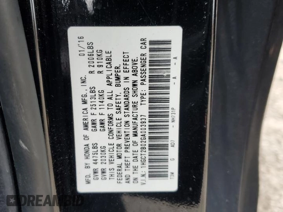 2016 Honda Accord Touring with VIN 1HGCT2B02GA003937, listed as a Copart auction lot 42434735 with 154,785 mi miles and Salvage Title. Bid and sale history available at DreamBid. Image 12.