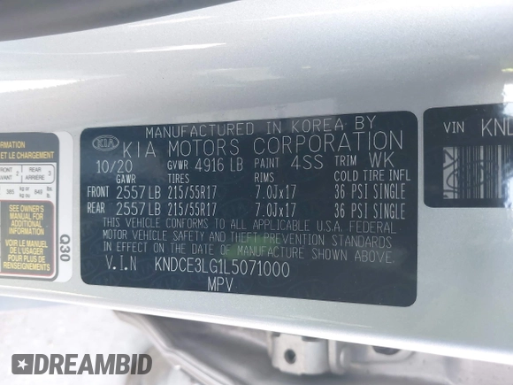 2020 Kia Niro EX Premium with VIN KNDCE3LG1L5071000, listed as a IAAI auction lot 42164125 with 30,831 mi miles and . Bid and sale history available at DreamBid. Image 9.