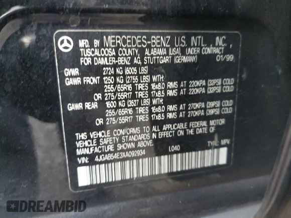 1999 Mercedes-Benz M-Class with VIN 4JGAB54E3XA092934, listed as a Copart auction lot 80631164 with 180,734 mi miles and Salvage Title. Bid and sale history available at carsss.com. Image 13.