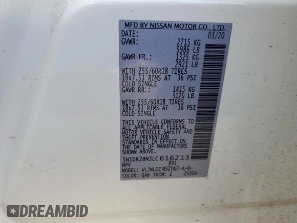 2020 Nissan Pathfinder SV with VIN 5N1DR2BM3LC616213, listed as a Copart auction lot 47273895 with 55,754 mi miles and Salvage title. Bid and sale history available at DreamBid. Image 12.