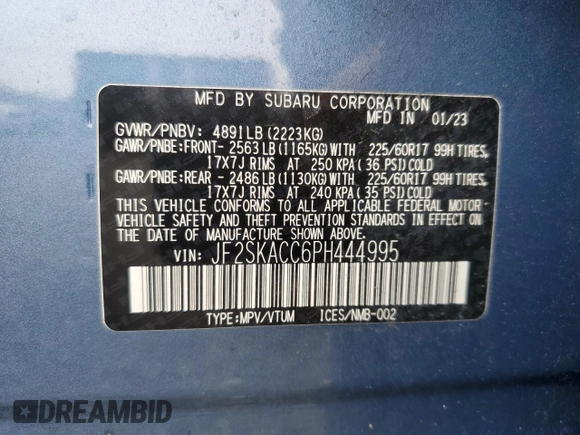 2023 Subaru Forester with VIN JF2SKACC6PH444995, listed as a Copart auction lot 52764425 with 16,087 mi miles and Salvage title. Bid and sale history available at DreamBid. Image 13.
