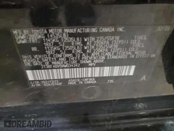 2010 Toyota RAV4 Sport with VIN 2T3RF4DV9AW034342, listed as a Copart auction lot 58800125 with 158,116 mi miles and Salvage title. Bid and sale history available at DreamBid. Image 13.