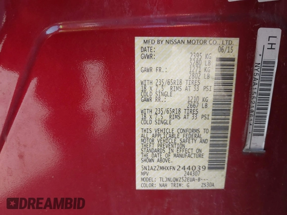 2015 Nissan Murano S z VIN 5N1AZ2MHXFN244039, wystawiony jako IAAI lot #42257227 z przebiegiem 122 038 mil mil oraz . Historia ofert i sprzedaży dostępna na DreamBid. Obrazek 9.