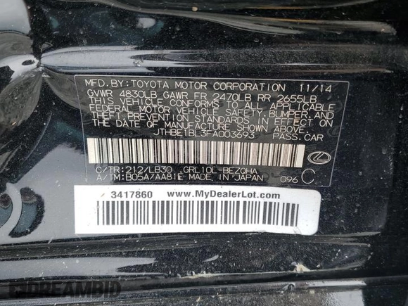 2015 Lexus GS 350 with VIN JTHBE1BL3FA003693, listed as a Copart auction lot 59489225 with 58,677 mi miles and Salvage title. Bid and sale history available at DreamBid. Image 13.