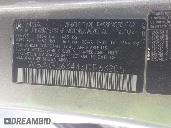 2003 BMW 7 Series 745i with VIN WBAGL63443DP63205, listed as a IAAI auction lot 42682836 with 103,551 mi miles and . Bid and sale history available at DreamBid. Image 9.