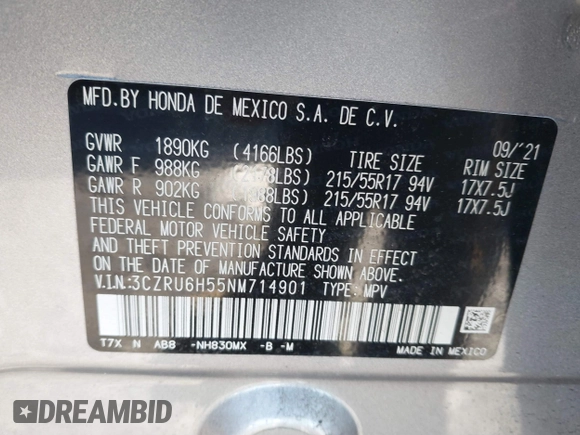 2022 Honda HR-V EX with VIN 3CZRU6H55NM714901, listed as a IAAI auction lot 41225964 with 63,103 mi miles and . Bid and sale history available at DreamBid. Image 9.