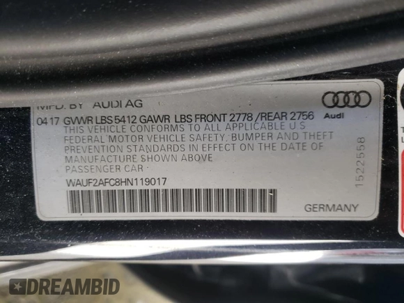 2017 Audi A6 Premium Plus with VIN WAUF2AFC8HN119017, listed as a Copart auction lot 72435862 with 70,442 mi miles. Bid and sale history available at carsss.com. Image 12.