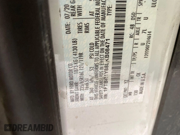 2020 Ford Transit Cargo with VIN 1FTBR1Y88LKB08471, listed as a IAAI auction lot 42297878 with 100,218 mi miles and . Bid and sale history available at DreamBid. Image 10.
