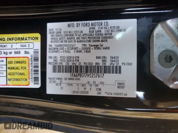 2017 Ford Mustang GT with VIN 1FA6P8CF7H5257617, listed as a Copart auction lot 53261305 with 63,470 mi miles and Salvage title. Bid and sale history available at DreamBid. Image 12.