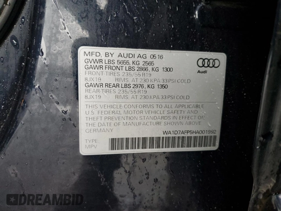 2017 Audi Q5 Premium Plus with VIN WA1D7AFP5HA001992, listed as a Copart auction lot 46719625 with 70,737 mi miles and Salvage title. Bid and sale history available at DreamBid. Image 15.