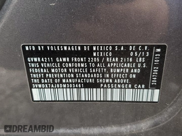 2013 Volkswagen Jetta SE with VIN 3VWDX7AJ8DM303461, listed as a Copart auction lot 47597995 with 164,378 mi miles and Salvage title. Bid and sale history available at DreamBid. Image 12.