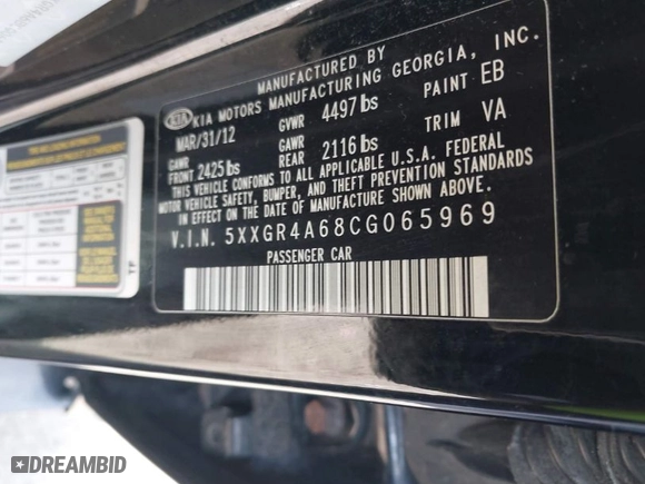2012 Kia Optima SX with VIN 5XXGR4A68CG065969, listed as a IAAI auction lot 42029523 with 284,795 mi miles. Bid and sale history available at carsss.com. Image 9.