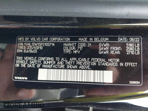 2023 Volvo V60 Plus with VIN YV4L12WY5P2105714, listed as a IAAI auction lot 42372970 with 30,170 mi miles and . Bid and sale history available at DreamBid. Image 9.