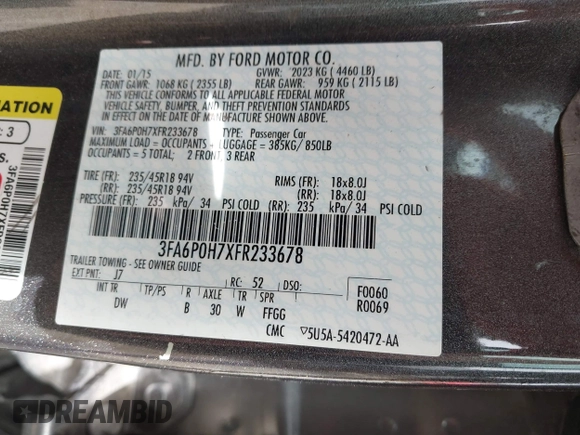 2015 Ford Fusion SE with VIN 3FA6P0H7XFR233678, listed as a IAAI auction lot 41743085 with 1 mi miles. Bid and sale history available at carsss.com. Image 9.