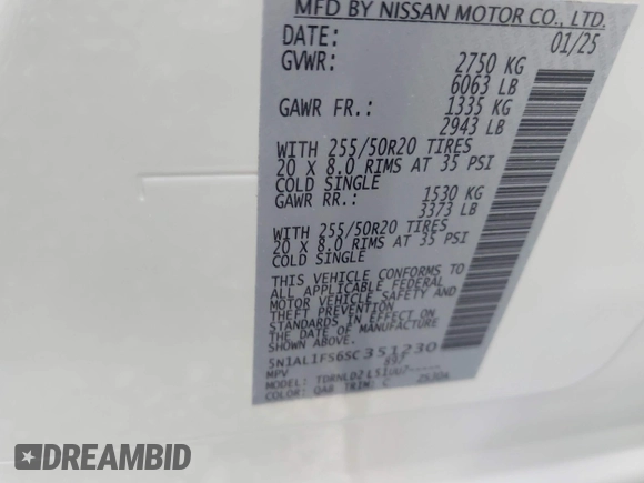2025 Infiniti QX60 Luxe with VIN 5N1AL1FS6SC351230, listed as a IAAI auction lot 42285154 with 310 mi miles and . Bid and sale history available at DreamBid. Image 9.