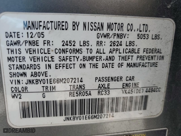 2006 Infiniti M45 Sport with VIN JNKBY01E66M207214, listed as a Copart auction lot 49602975 with NaN miles and Salvage Title. Bid and sale history available at carsss.com. Image 15.