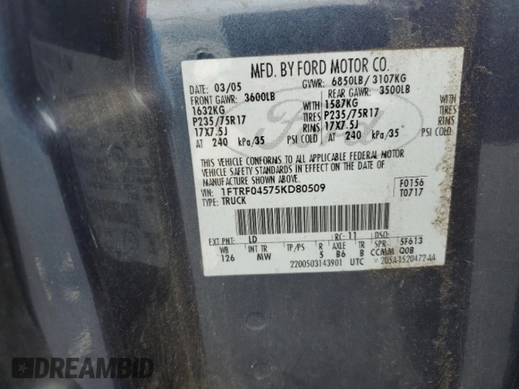 2005 Ford F-150 XLT z VIN 1FTRF04575KD80509, wystawiony jako Copart lot #58546475 z przebiegiem 157 668 mil mil oraz Czysty tytuł • Clean title. Historia ofert i sprzedaży dostępna na DreamBid. Obrazek 12.