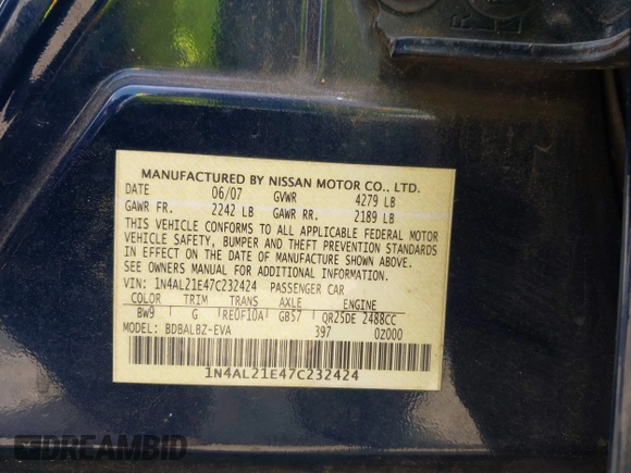 2007 Nissan Altima S with VIN 1N4AL21E47C232424, listed as a IAAI auction lot 42234126 with 184,828 mi miles and . Bid and sale history available at DreamBid. Image 9.