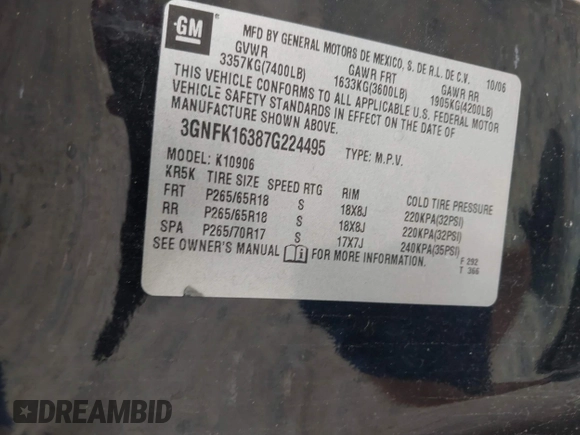 2007 Chevrolet Suburban LTZ z VIN 3GNFK16387G224495, wystawiony jako IAAI lot #42463438 z przebiegiem 190 297 mil mil oraz . Historia ofert i sprzedaży dostępna na DreamBid. Obrazek 9.