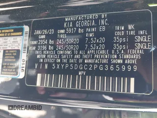 2023 Kia Telluride SX Prestige X-Pro with VIN 5XYP5DGC2PG365999, listed as a IAAI auction lot 41801800 with 38,088 mi miles and . Bid and sale history available at DreamBid. Image 9.