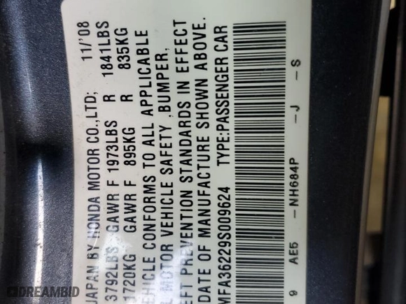 2009 Honda Civic Hybrid with VIN JHMFA36229S009624, listed as a Copart auction lot 50682165 with 169,009 mi miles and Salvage Title. Bid and sale history available at carsss.com. Image 12.