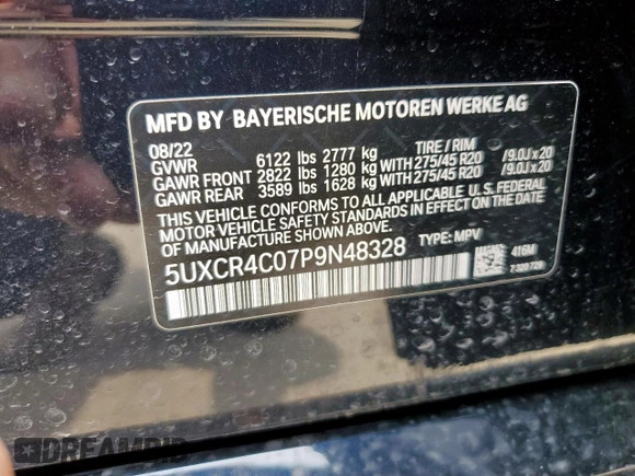 2023 BMW X5 sDrive40i with VIN 5UXCR4C07P9N48328, listed as a Copart auction lot 57619515 with 32,174 mi miles and Salvage title. Bid and sale history available at DreamBid. Image 13.