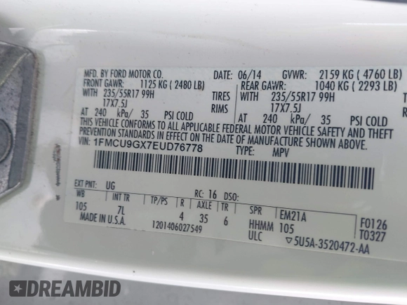 2014 Ford Escape SE with VIN 1FMCU9GX7EUD76778, listed as a IAAI auction lot 41679482 with 136,832 mi miles and . Bid and sale history available at carsss.com. Image 9.