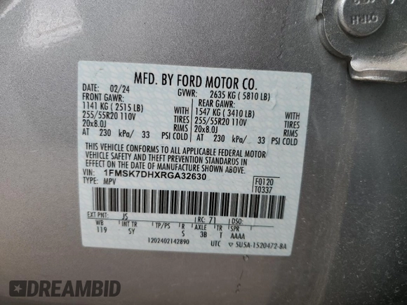 2024 Ford Explorer XLT with VIN 1FMSK7DHXRGA32630, listed as a Copart auction lot 45739405 with 885 mi miles and Salvage Title. Bid and sale history available at carsss.com. Image 13.