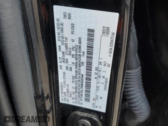 2022 Ford F-150 Lightning Pro with VIN 1FTVW1EL7NWG05344, listed as a Copart auction lot 53165455 with 29,756 mi miles and Salvage title. Bid and sale history available at DreamBid. Image 13.