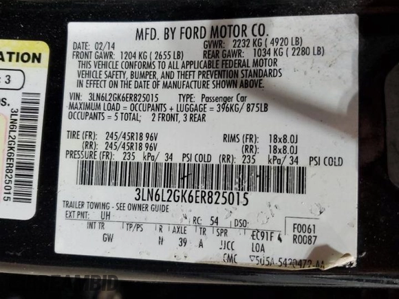 2014 Lincoln MKZ with VIN 3LN6L2GK6ER825015, listed as a Copart auction lot 53108575 with 0 mi miles and Salvage Title. Bid and sale history available at carsss.com. Image 12.