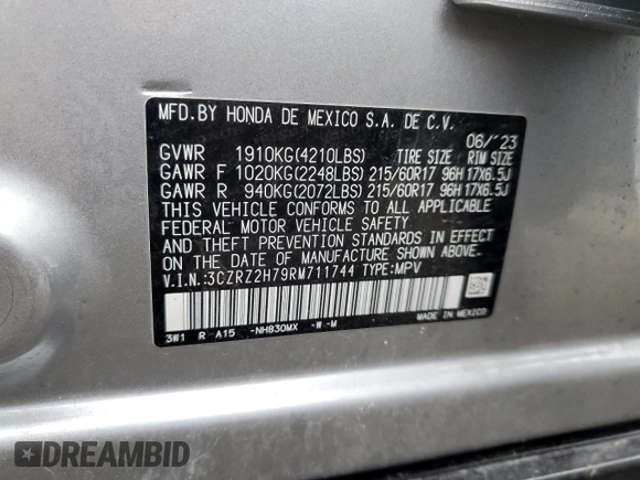 2024 Honda HR-V EX-L z VIN 3CZRZ2H79RM711744, wystawiony jako Copart lot #55911985 z przebiegiem 8 261 mil mil oraz Szkoda całkowita • Salvage title. Historia ofert i sprzedaży dostępna na DreamBid. Obrazek 13.